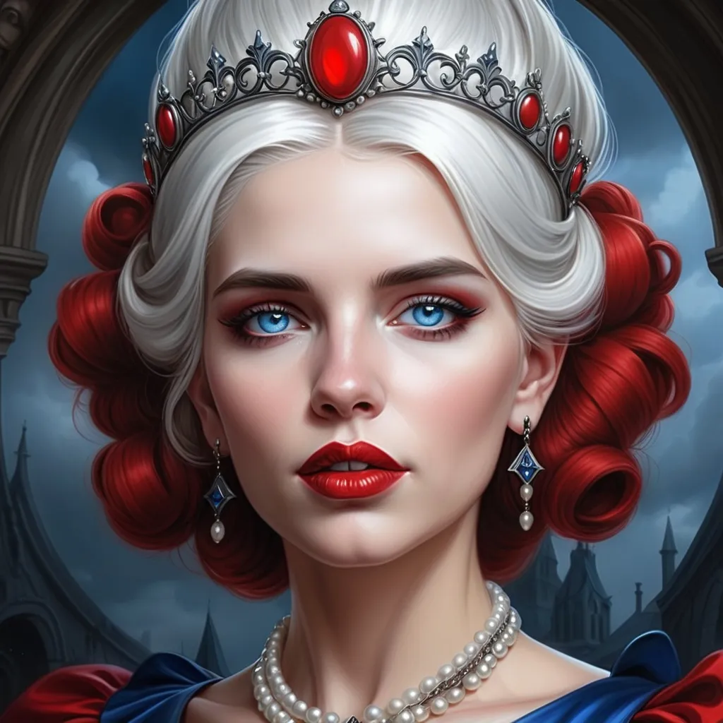 Prompt: a woman with  white hair, blue eyes, red lips, a tiara and pearls on her head and a red lip and a blue dress with a red and white collar, Anne Stokes, gothic art, highly detailed digital painting, a detailed painting