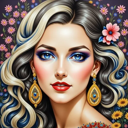 Prompt: Bathed in a radiant golden light that radiates from behind her, a woman with flowing black hair and a pink flower tucked behind her ear sits gracefully among a vibrant array of flowers. Dressed in a striking blue gown, her profile exudes serenity and contemplation as she gazes into the distance, surrounded by a colorful explosion of daisies and other blossoms that fill the foreground. The background transitions from deep purple to sunset hues of orange and yellow, creating a dreamy atmosphere, while the floral details enhance the feeling of a magical, idyllic landscape. The overall composition conveys a sense of peace and joy, inviting the viewer into a world where nature and beauty harmoniously intertwine.