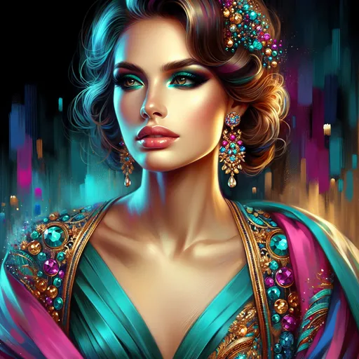 Prompt: <mymodel>beautiful woman, turquoise, gold, magenta, high quality, detailed, vibrant colors, elegant, luxurious, glamorous, realistic painting, warm lighting