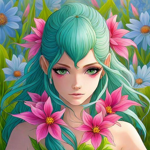 Prompt: a fairy of spring, ,wildflowers, vivid colors,  facial closeup