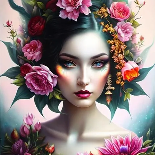 Prompt: Beautiful  hybrid woman with flowers sprouting from her, oil painting, detailed fiery eyes, ethereal glow, dark and mysterious, high quality, vibrant colors, surreal, haunting, intricate floral details, intense gaze, mystical atmosphere, oil painting, demon, hybrid, fiery eyes, ethereal, vibrant colors, surreal, haunting, floral details, intense gaze, mystical atmosphere