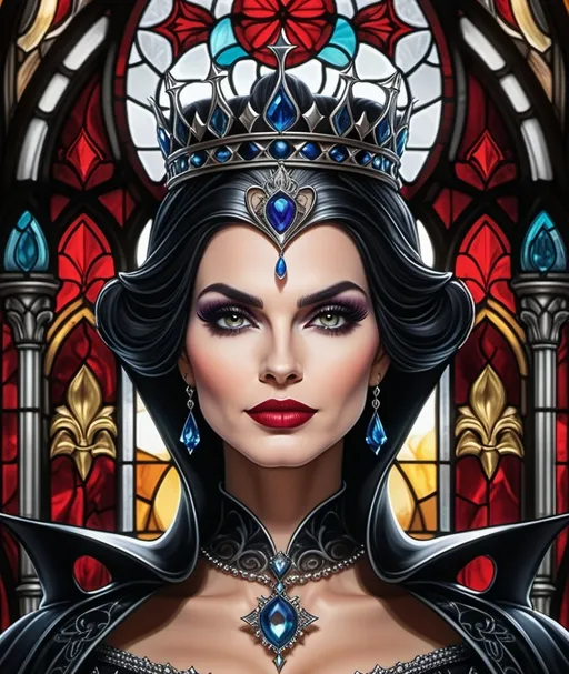 Prompt: an evil queen with a crown on her head in front of a stained glass window photo by alex klos, Anne Stokes, gothic art, highly detailed digital painting, a detailed drawing