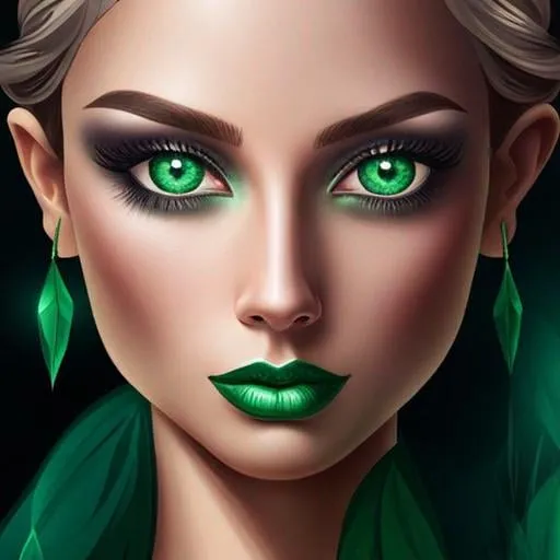 Prompt: <mymodel>Detailed illustration of a woman in vibrant green attire, large vivid green eyes, elegant makeup, digital painting, high resolution, realistic style, vibrant green, professional lighting