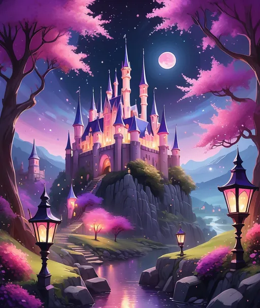 Prompt: Majestic spires of a fairy-tale castle rise from a lush, rocky hill, bathed in a magical glow under a starry night sky. Enchanting pink and purple trees frame the scene, their blossoms softly illuminated by colorful orbs of light that hang gracefully from branches, creating a whimsical atmosphere. A gentle stream winds its way through vibrant blooms, reflecting the lanterns' hues and adding a serene touch to the idyllic landscape. The rich colors and dreamy composition evoke a sense of wonder and tranquility, transporting the viewer to a world of fantasy and enchantment.