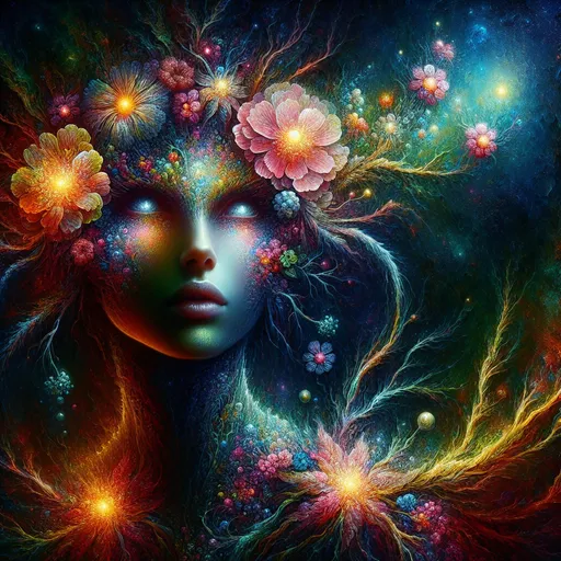 Prompt: Beautiful  hybrid woman with flowers sprouting from her, oil painting, ethereal glow, dark and mysterious, high quality, vibrant colors, surreal, haunting, intricate floral details, intense gaze, mystical atmosphere, oil painting,  ethereal, vibrant colors, surreal, haunting, floral details, intense gaze, mystical atmosphere