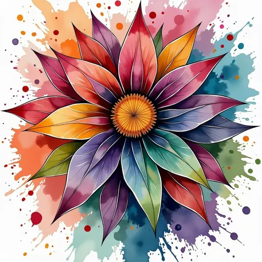 Prompt: This is a vibrant digital illustration of a large, intricate flower with a symmetrical, radial design. The flower's petals are elongated and pointed, radiating from a central yellow core. The petals are a vivid mix of colors, including shades of red, orange, yellow, pink, purple, blue, and green, creating a striking, rainbow-like effect. Each petal has a gradient, with the colors blending smoothly from one shade to another. The background is a splatter of various colors, including orange, pink, blue, and green, adding to the dynamic and energetic feel of the image. The splatters are irregular and spread out from the center, mimicking the appearance of paint splashes. The illustration has a modern, abstract style, with sharp lines and bold colors. The texture of the petals appears smooth and slightly glossy, contrasting with the rough, splattered texture of the background. The overall composition is balanced and visually appealing, with the vibrant colors and dynamic splatters creating a sense of movement and energy. The image is set against a white background, which enhances the vividness of the colors and makes the flower and splatters stand out prominently.