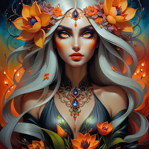 Prompt: Beautiful  hybrid woman with flowers sprouting from her, oil painting, detailed fiery eyes, ethereal glow, dark and mysterious, high quality, vibrant colors, surreal, haunting, intricate floral details, intense gaze, mystical atmosphere, oil painting, demon, hybrid, fiery eyes, ethereal, vibrant colors, surreal, haunting, floral details, intense gaze, mystical atmosphere