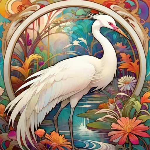 Prompt: white crane bird in a colorful abstract garden with a river in the background