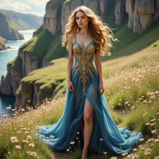 Prompt: A serene and breathtaking landscape unfolds, where a graceful figure, a young woman, stands at the edge of a verdant cliff adorned with blooming wildflowers. She is dressed in an enchanting gown that blends vibrant blues and rich golds, accentuating her silhouette and flowing elegantly with the gentle breeze, while sunbeams illuminate her tousled hair, lending an ethereal glow. The backdrop reveals dramatic cliffs that rise steeply against a clear sky, with a winding river glistening below, suggesting a tranquil yet majestic environment. The overall composition conveys a sense of freedom and connection with nature, evoking feelings of wonder and the allure of adventure amidst an idyllic setting.