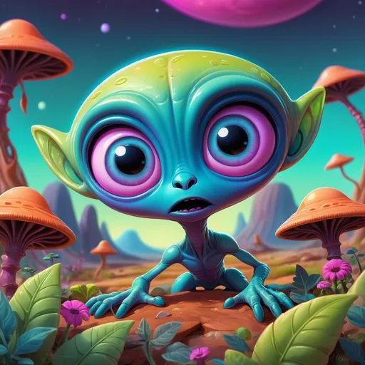 Prompt: Whimsical, cute alien, cartoon style, vibrant colors, large expressive eyes, playful demeanor, alien landscape, otherworldly plants, best quality, high resolution, vibrant, cartoon, cute, whimsical, otherworldly, playful, expressive eyes, alien landscape, vibrant colors, professional