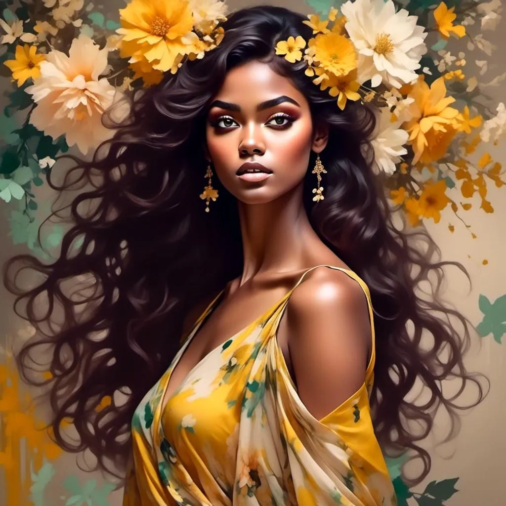 Prompt: <mymodel> A delicate floral abstract design for bliss.... a pretty girl, yellow colour. 