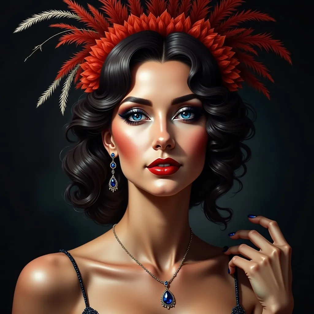 Prompt: a showgirl with makeupe on her face, feather headdress, with a black background, Araceli Gilbert, rococo, behance hd, a photorealistic painting