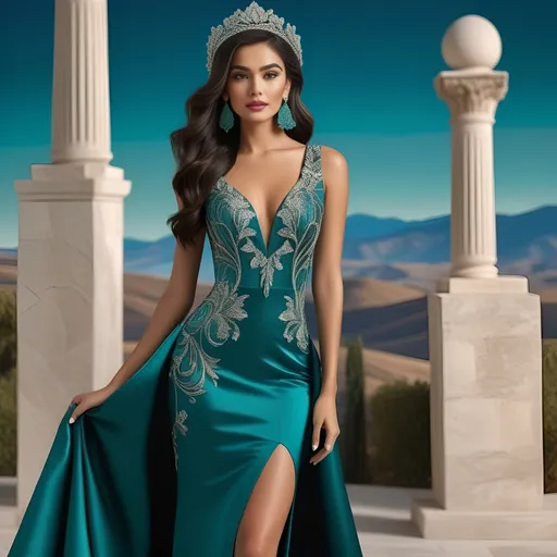 Prompt: Standing gracefully in a vibrant architectural space, a woman clad in an intricately designed teal dress captivates the viewer with her poised demeanor. Her long, dark hair cascades elegantly over her shoulders, adorned with a striking floral headpiece that contrasts beautifully with her attire. Behind her, a series of arched columns frame an enchanting landscape featuring rolling hills and a dynamic sky adorned with swirling patterns. The color palette, rich with blues and greens, enhances the whimsical yet elegant atmosphere of the scene, while the elegant lines and stylized forms lend it a distinct artistic flair, evoking a sense of timeless beauty and intrigue.