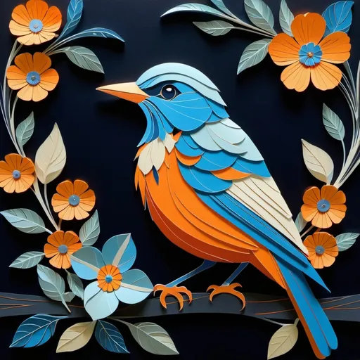 Prompt: a bird with a blue head and orange feathers sitting on a branch with flowers and leaves around it, on a dark background, Chris LaBrooy, art nouveau, highly detailed digital painting, an art deco painting