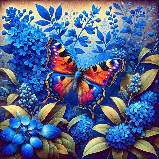 Prompt: a colorful butterfly with blue flowers around it , Alberto Seveso, ecological art, affinity photo, an airbrush painting