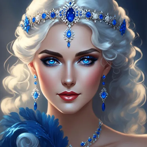 Prompt: <mymodel>A beautiful woman, white hair, blue eyes, blue eyeshadow, blue jewels on forehead