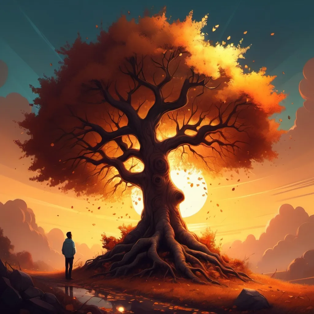 Prompt:  an autumn tree standing under a sunset.  Cyril Rolando, fantasy art, highly detailed digital painting, a detailed painting