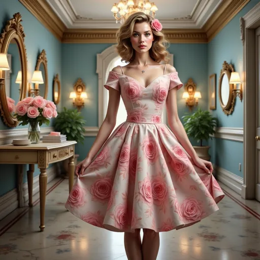Prompt: Elegantly poised in a vintage-inspired, rose-patterned dress, the woman captivates with her exquisite style and striking appearance. Her glamorous, wavy hair, adorned with a large pink flower, frames a face that exudes confidence and allure, highlighted by bold makeup that enhances her features. Set in a chic, softly lit hallway with a classic decor, including ornate mirrors and wooden accents, the scene conveys a sense of nostalgia and timeless beauty. The color palette blends pastel tones with pops of vibrant floral details, while the play of light and shadow creates a warm, inviting atmosphere. Overall, the composition radiates elegance, evoking a charming story of vintage glamour and sophistication.