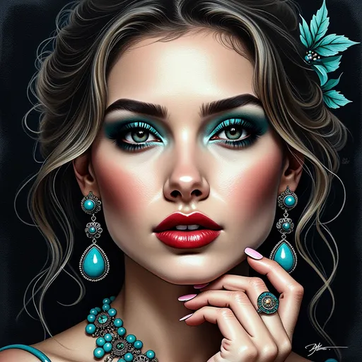 Prompt: This is a highly detailed, digital hyper-realistic portrait of a woman with a striking, glamorous appearance. The subject has fair skin with a smooth, almost porcelain-like texture, and her face is centered in the image against a solid black background, which emphasizes her features. She has large, almond-shaped blue eyes with thick, teal-colored eyeliner and long, voluminous lashes. Her eyebrows are well-defined and dark brown. She wears bold, red lipstick that contrasts vividly with her pale skin and teal eyeshadow.

Her dark brown hair is styled in an elegant updo with loose, wavy curls framing her face. A small cluster of turquoise beads is tucked into her hair on the right side. She is adorned with matching turquoise jewelry: large, ornate earrings with teardrop-shaped turquoise stones and intricate silver filigree, and a layered turquoise necklace with small beads.

Her right hand is raised to her chin, with her fingers delicately touching her skin, showcasing manicured nails painted in a soft pink shade. The overall style of the portrait is reminiscent of high-fashion editorial photography, with a focus on vibrant colors and meticulous attention to detail. The image has a slightly surreal, almost fantasy-like quality due to the exaggerated beauty and vivid color palette.