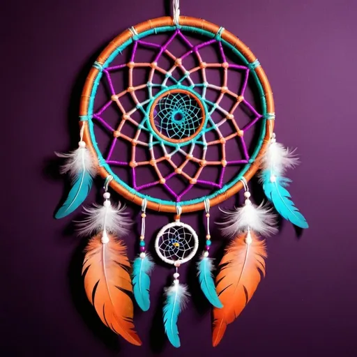 Prompt: An intricate dreamcatcher with feathers in colors of magenta,turquoise and orange