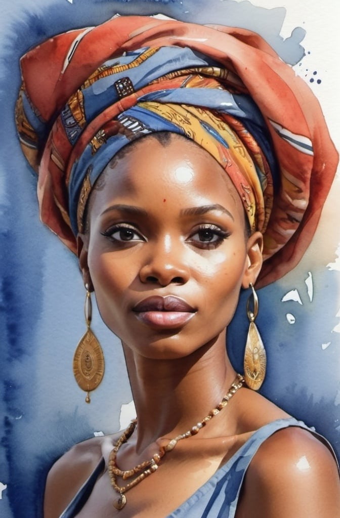 Prompt:  watercolor portrait, A beautiful African woman