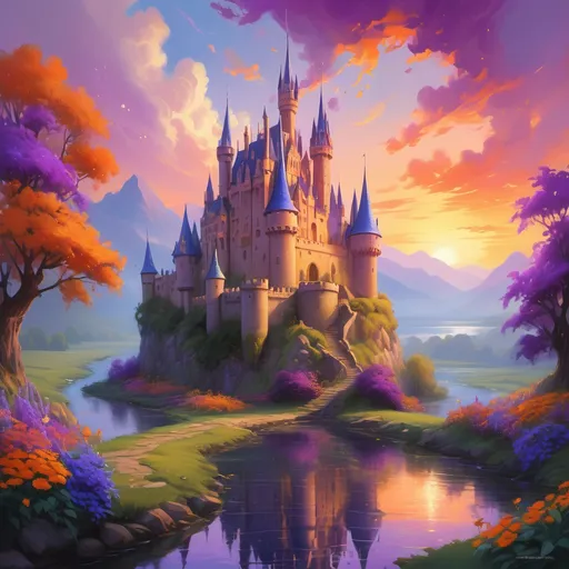 Prompt: A vividly colored fantastical scene-Bathed in the warm glow of a fantastical sunset, a picturesque castle rises majestically, adorned with tall spires and blue-tipped turrets that reach towards the vibrant sky. The scene is framed by lush greenery and blooming flowers in shades of purple and orange, creating a whimsical atmosphere. A serene river flows gently around the castle, reflecting its grandeur, while a charming stone bridge connects two verdant islands, inviting exploration. The harmonious blend of color, light, and intricate architectural details conveys a sense of enchantment and fairy tale wonder, making this landscape come alive with a magical narrative.