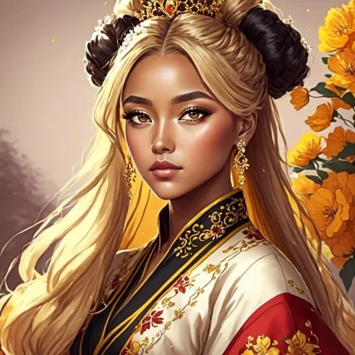 Prompt: <mymodel>A beautiful mixed Korean and African raced young woman with long black hair and dark skin with large brown eyes  dressed in traditional Korean clothing 