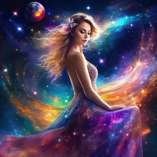 Prompt: colorful, sparkly, exquisite, glowing Goddess in a flowing, filmy dress, incredible all body form of a incredible bodied, incredibly beautiful faced woman with a buxom perfect body falling backwards through space, nebulas, stars, planets, the milky way and galaxies