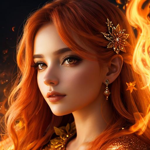 Prompt: fairy goddess, warm colors, fiery background, closeup