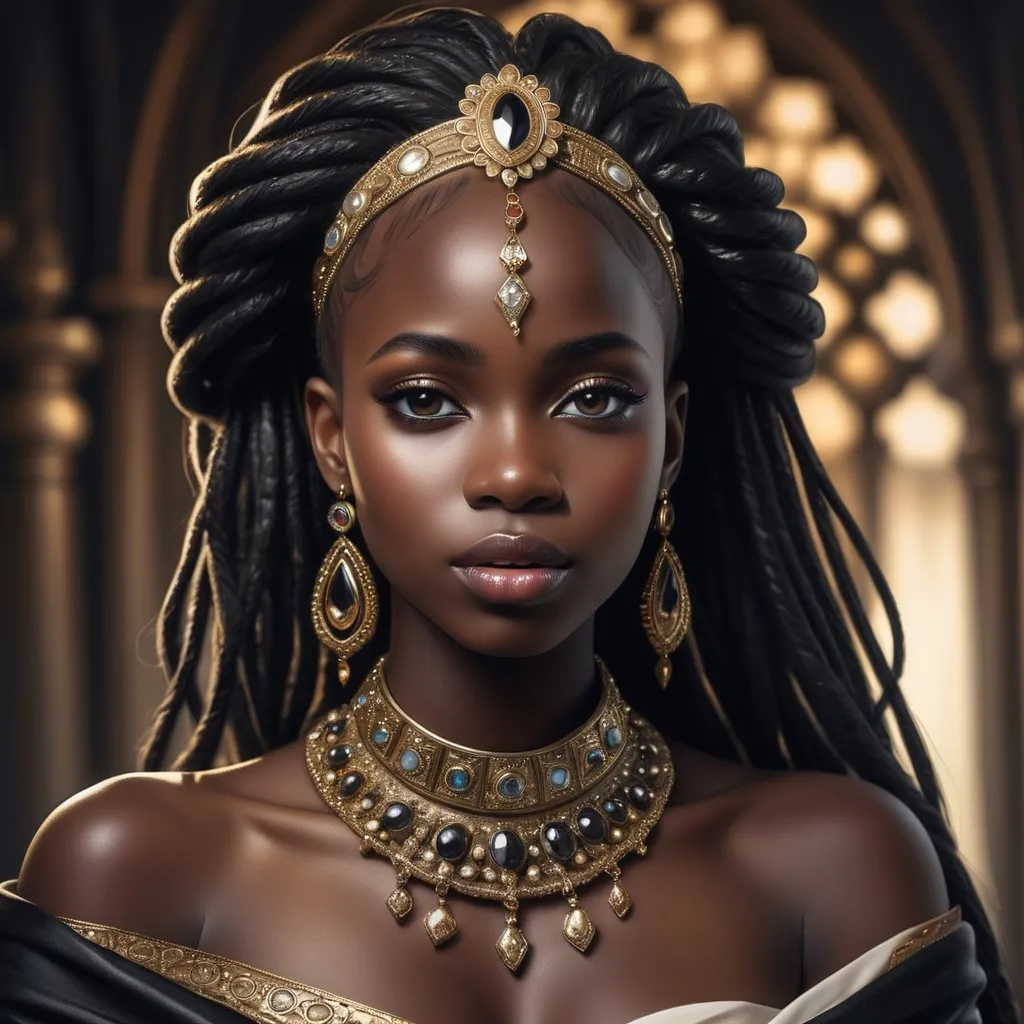 Prompt: A beautiful ebony skinned princess, Adorned with jewls