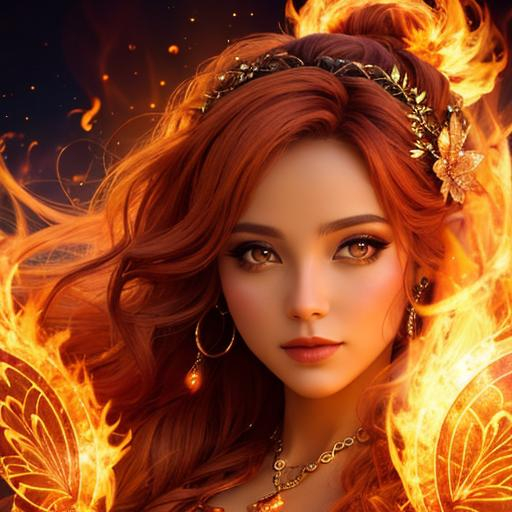 Prompt: fairy goddess, warm colors, fiery background, closeup