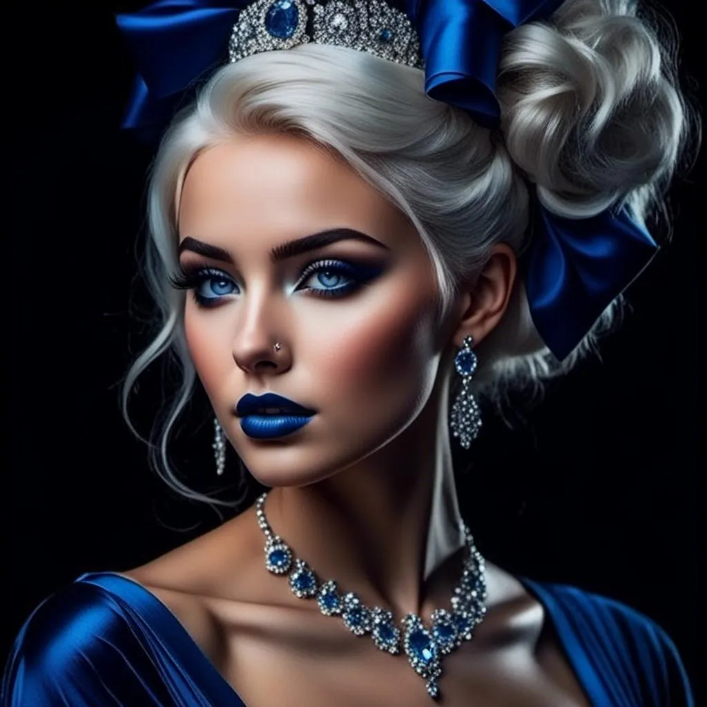 Prompt: <mymodel>A beautiful woman, white hair, blue eyes, blue eyeshadow, blue jewels o