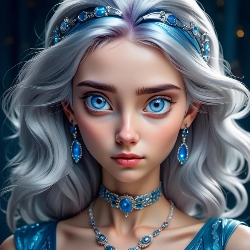 Prompt: <mymodel>A beautiful woman, white hair, blue eyes, blue eyeshadow, blue jewels on forehead