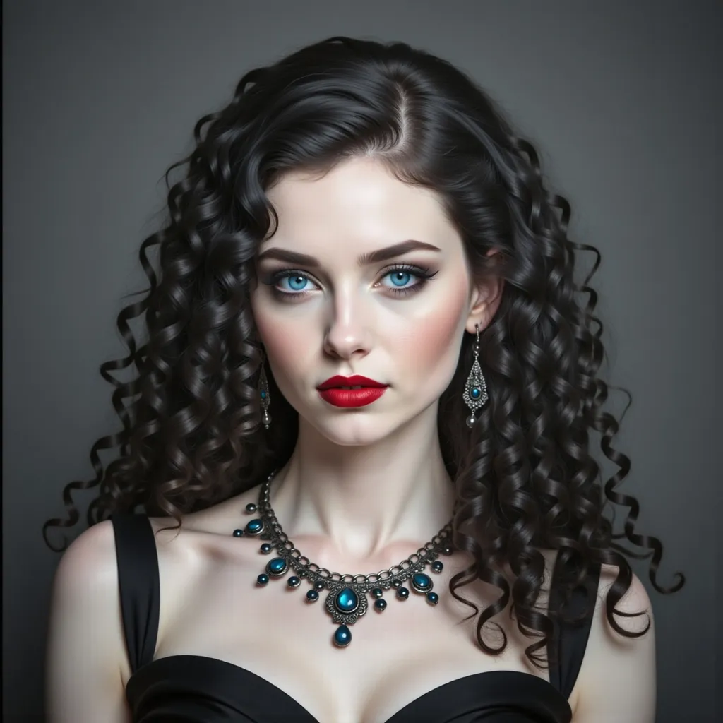 Prompt: a woman with long hair wearing a necklace and earrings with a red lipstick on her lips and a black dress, Carla Wyzgala, gothic art, highly detailed digital painting, a photorealistic painting