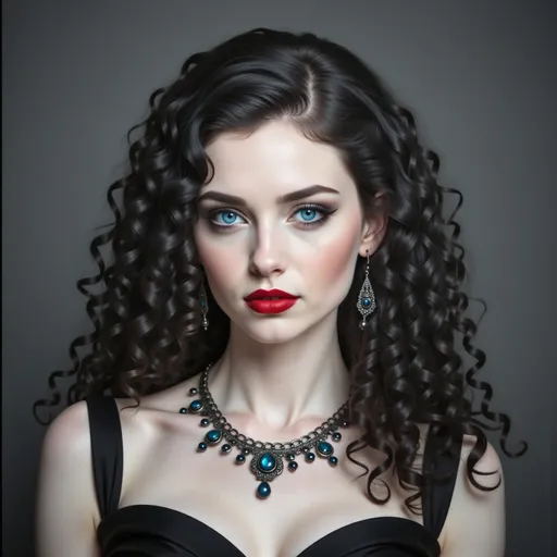 Prompt: a woman with long hair wearing a necklace and earrings with a red lipstick on her lips and a black dress, Carla Wyzgala, gothic art, highly detailed digital painting, a photorealistic painting