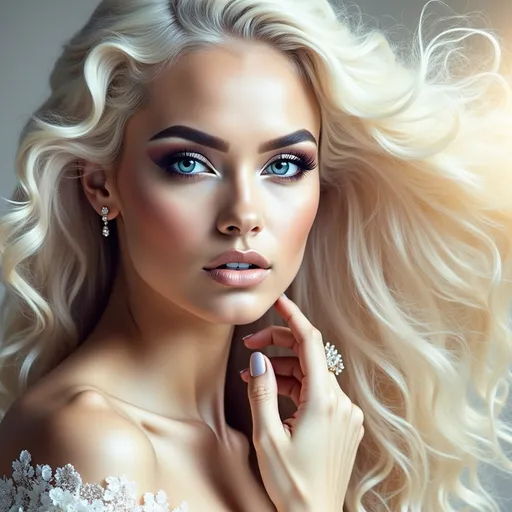 Prompt: (woman with platinum hair and blue eyes), striking facial features, (intense gaze), flowing hair illuminated by soft light, ethereal beauty, elegant pose, dreamy background, delicate colors, tranquil ambiance, (highly detailed), enchanting atmosphere, soft focus, ultra-detailed, cinematic depth, visually captivating masterpiece.