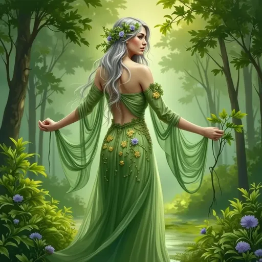 Prompt: This is a digital fantasy artwork depicting a serene forest scene bathed in soft, ethereal light. At the center is a graceful, fair-skinned female figure with long, wavy, platinom hair adorned with small, delicate flowers. She is turned slightly to the side, showcasing her bare back and the intricate, flowing design of her green and gold dress, which is semi-transparent with floral and leafy patterns. Her dress has a low back, revealing her slender, elegant shoulders and upper back. She holds a thin, vine-like branch in her right hand, which is gently adorned with small green leaves.

The background is a lush, dense forest with tall trees and abundant foliage, creating a canopy of green leaves overhead. Sunlight filters through the leaves, casting a gentle, golden glow that illuminates the scene with a magical, almost otherworldly light. The forest floor is covered with various plants and small flowers, adding to the natural, untouched beauty of the setting. The overall color palette is dominated by greens and golds, with touches of lavender and blue. The artwork has a dreamy, whimsical quality, with a focus on natural beauty and ethereal elegance.