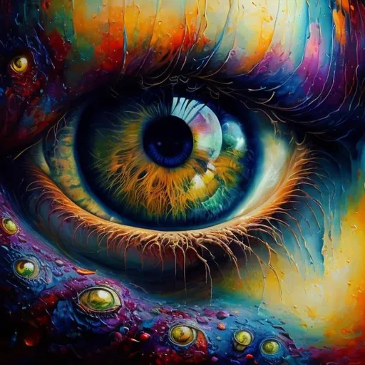 Prompt: Surreal painting of eyes, oil painting, abstract, vibrant colors, dreamlike atmosphere, detailed iris patterns, intricate brushwork, high quality, vibrant, surreal, oil painting, dreamlike, detailed iris, abstract, intense colors, atmospheric lighting