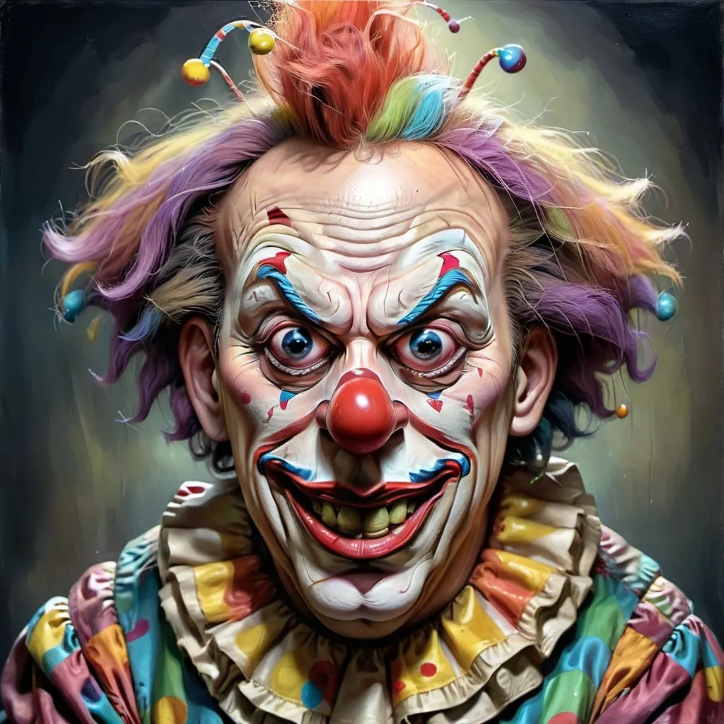 Prompt: Scary, eerie, realistic oil painting of a creepy clown, intense and menacing expression, dark and sinister color palette, detailed facial features, haunting and disturbing atmosphere, high quality, realistic, horror, dark tones, detailed eyes, oil painting, intense lighting