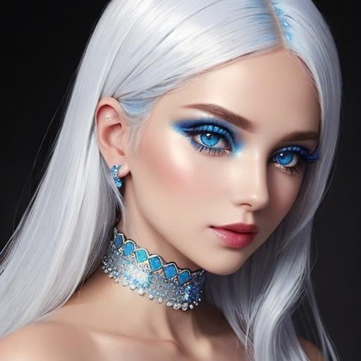 Prompt: A beautiful woman, white hair, blue eyes, blue eyeshadow, blue jewels o