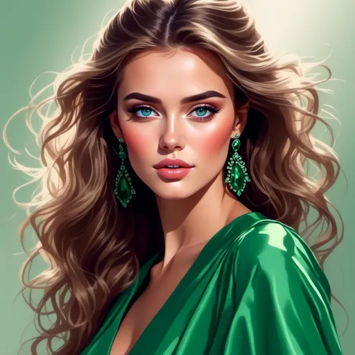 Prompt: <mymodel>Detailed illustration of a woman in vibrant green attire, large vivid green eyes, elegant makeup, digital painting, high resolution, realistic style, vibrant green, professional lighting