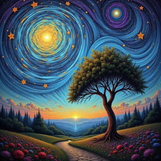 Prompt: a  landscape with a night sky background and stars in the sky,  Van Gogh sky, Dan Mumford, post-impressionism, stars, a detailed painting