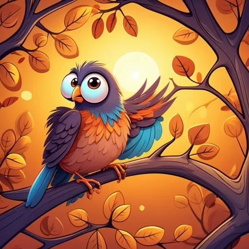 Prompt: Cartoon illustration of a bird in a tree, vibrant colors, warm atmosphere, big expressive eyes, high quality, vibrant colors, cute cartoon, detailed fur, playful, whimsical, warm lighting