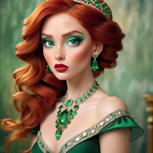 Prompt: an emerald lady, feminine elegant princess ,  red hair, green eyes, wearing jewels in her hair,  beautiful makeup, green eyeshadow eyeshow natural color lipsticklipstick, facial closeup