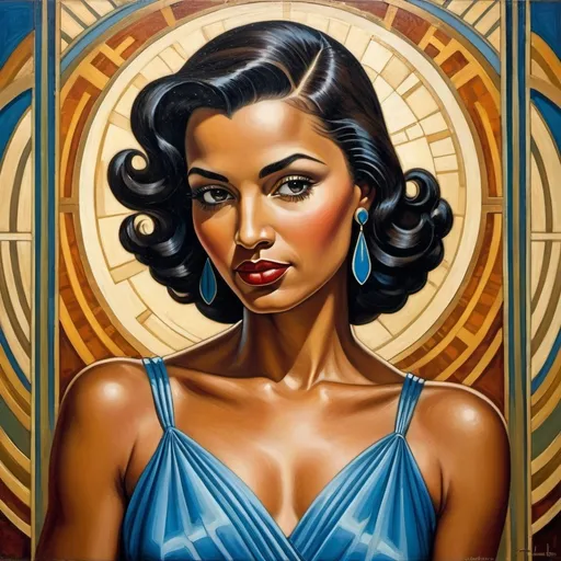 Prompt: a painting of a woman with dark hair and a blue dress , Ernie Barnes, art deco, modern art deco, an art deco painting