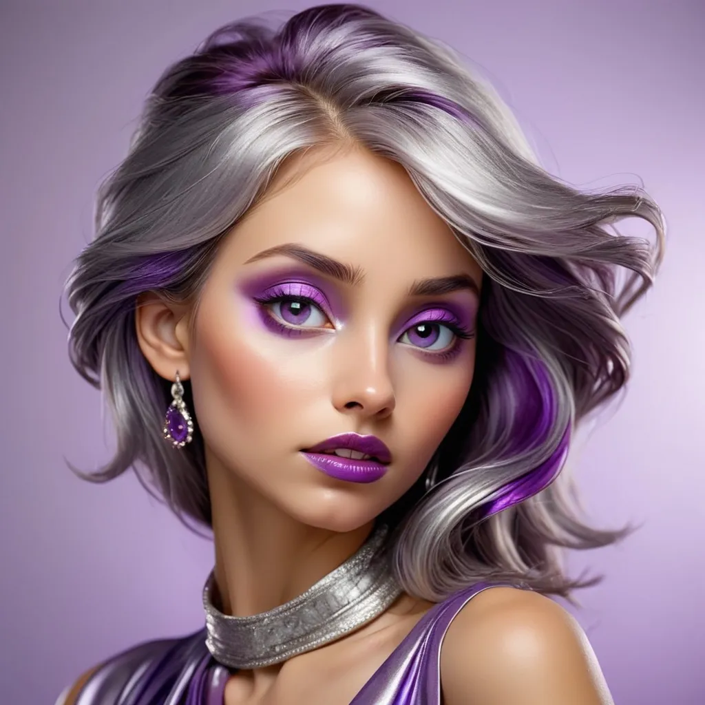 Prompt: Woman in colors of silver and purple