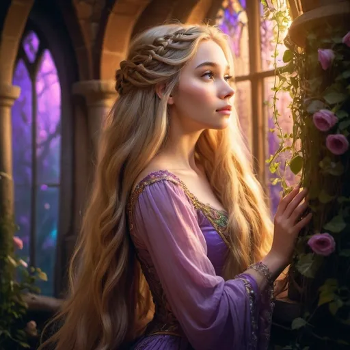 Prompt: <mymodel> Rapunzel in a fairytale tower, lush flowing hair, magical glow, enchanting princess, high quality, fantasy, whimsical, vibrant colors, ethereal lighting, long golden hair, intricate braids, intricate detailing, fantasy art, princess, magical, enchanting, fairytale, vibrant, ethereal lighting