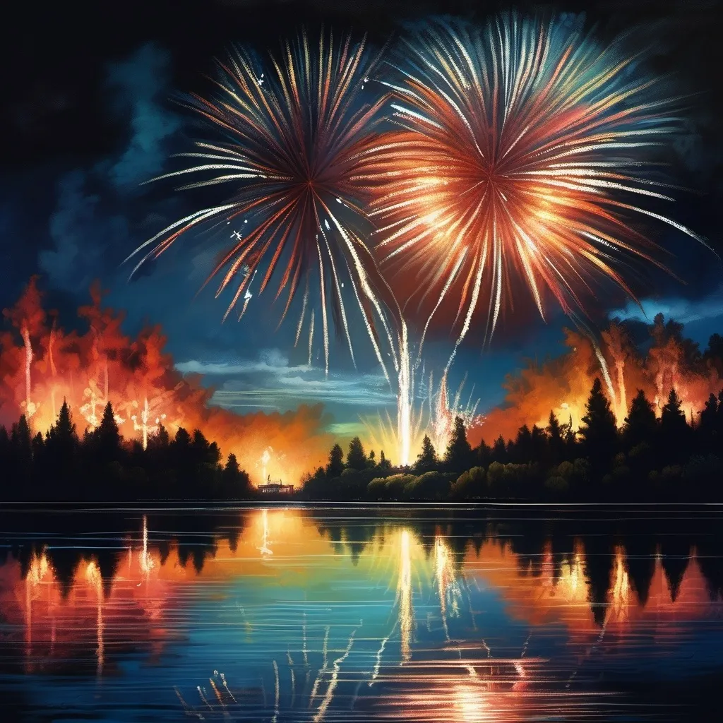 Prompt: a painting of a firework display over a lake at night time with reflections in the water and a reflection of the sky, Dan Mumford, american scene painting, highly detailed digital painting, an ultrafine detailed painting