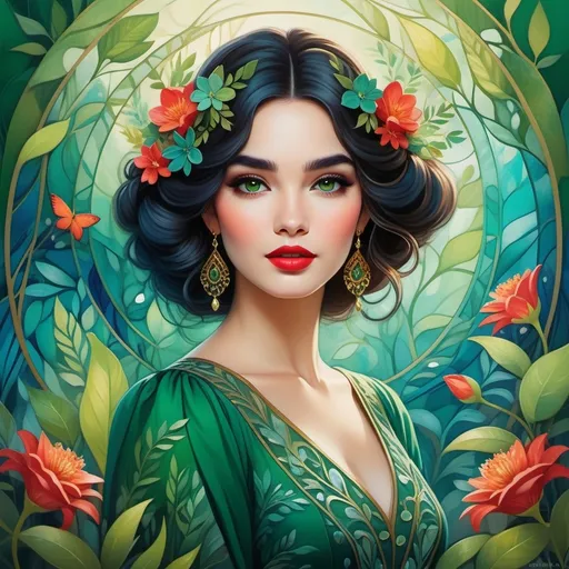 Prompt: A woman with striking features captivates the viewer, her soft expression highlighted by rosy cheeks and bold red lips. Adorned with delicate flowers in her dark, intricately styled hair, she wears a vibrant green dress that is beautifully decorated with detailed patterns. The background is an enchanting blend of blues and greens, filled with swirling organic shapes and foliage that create a sense of harmony with nature. The overall composition exudes a dreamlike quality, invoking a sense of serenity and grace, reminiscent of art nouveau styles, where both the figure and the environment are intricately intertwined. The interplay of light and color enhances the mystique of the scene, suggesting a deeper connection between the woman and the natural world surrounding her.