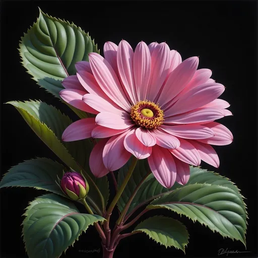 Prompt: a pink flower with green leaves in the background and a black background with a pink flower in the foreground, Boetius Adamsz Bolswert, photorealism, highly detailed digital painting, an airbrush painting